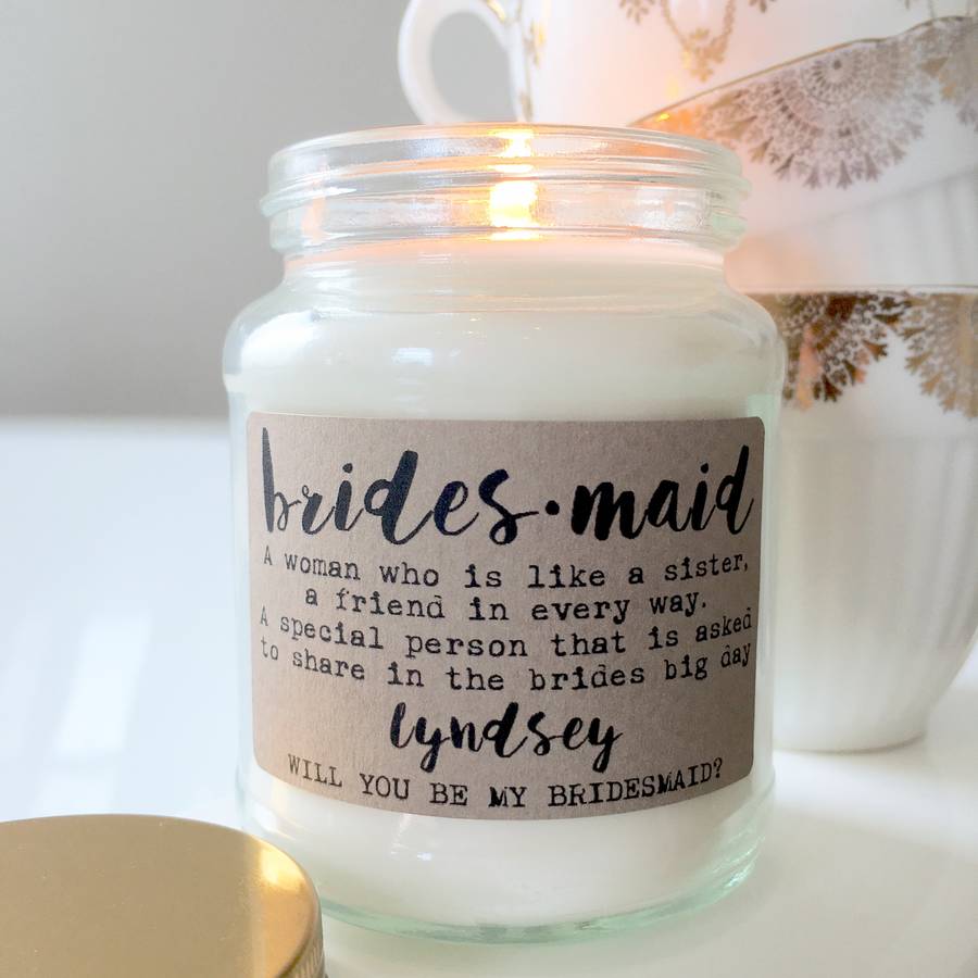 personalised 'will you be my bridesmaid' scented candle by lollyrocket candle co