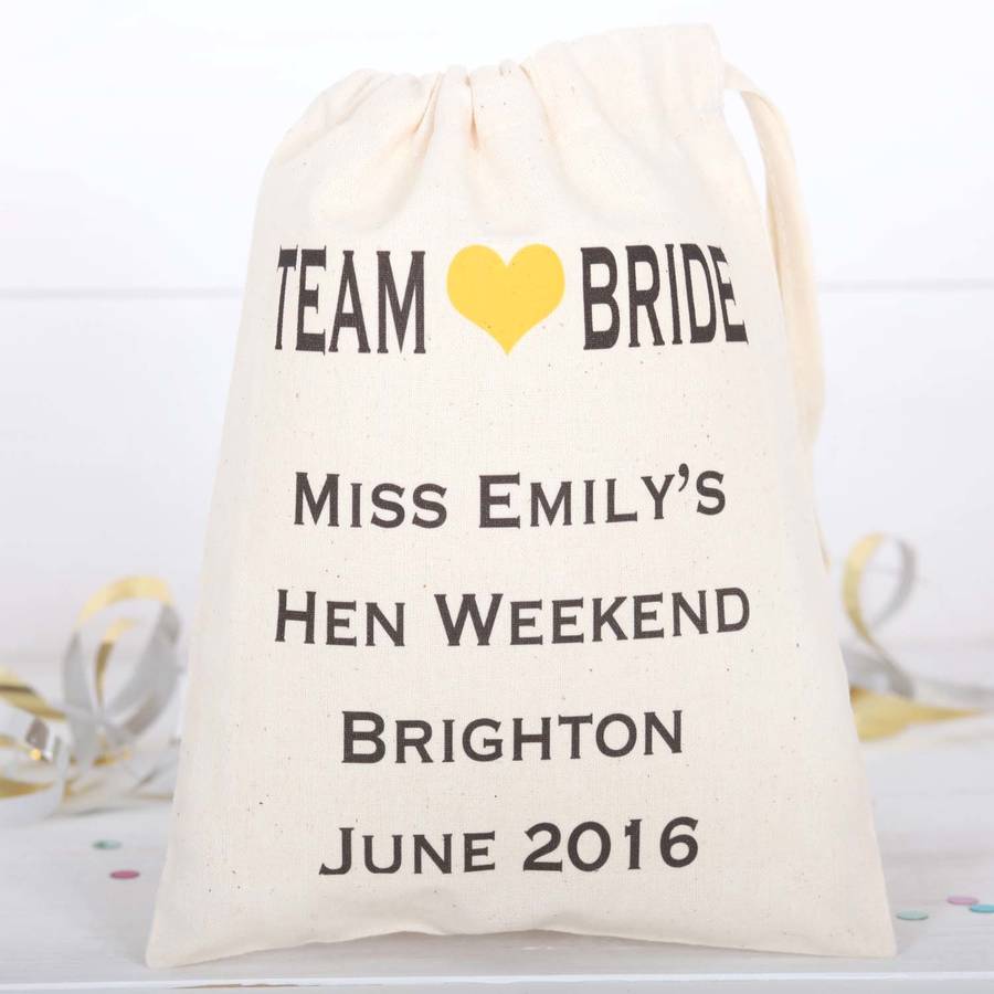 team bride cotton drawstring favour hen party bags by red berry apple