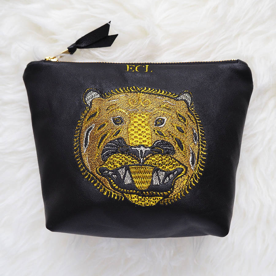 embroidered metallic leather tiger make up bag by papercutts designs
