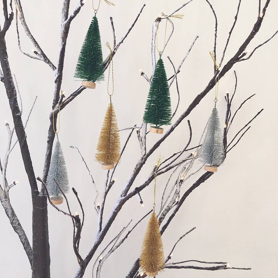 set of six glitter christmas tree hanging decorations by lime lace