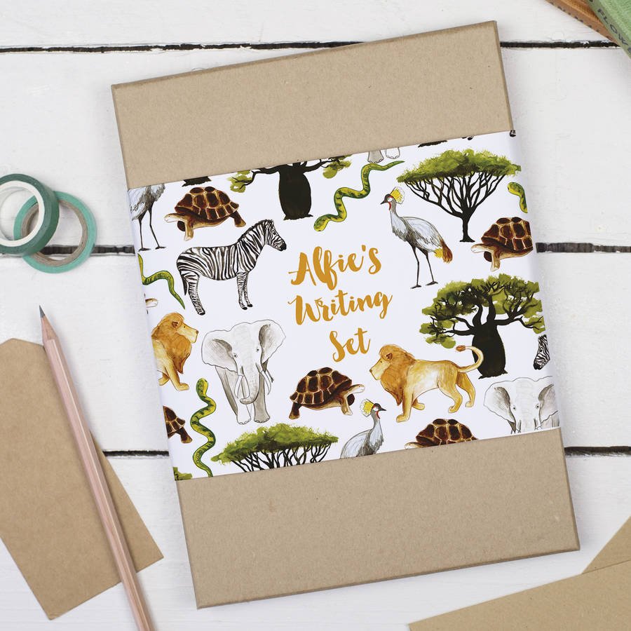 personalised safari animals children's writing set by alexia claire