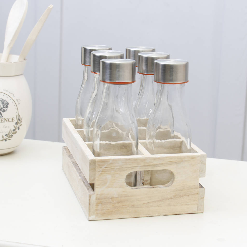 set of six milk bottles in wooden crate by dibor | notonthehighstreet.com