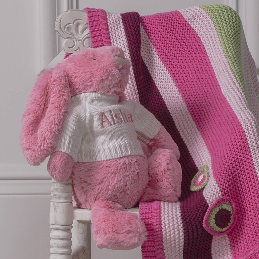 personalised knitted baby blanket and bashful bunny toy by that's mine