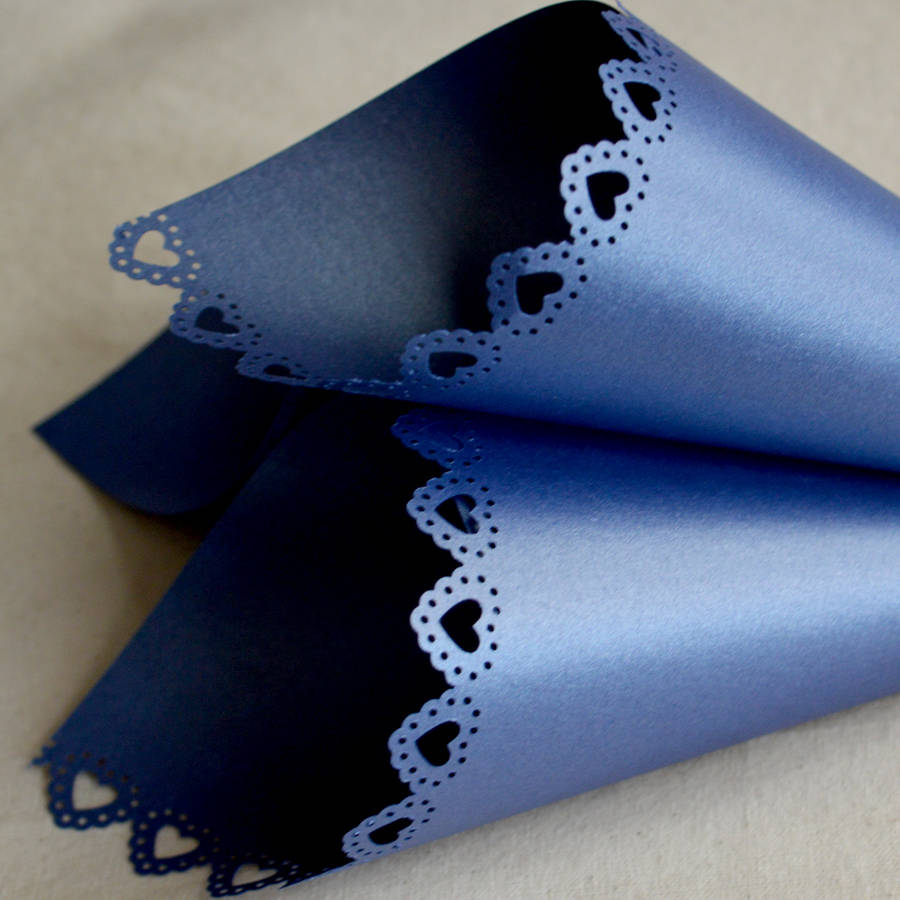 blue/navy confetti cones with large heart edge by pink and turquoise
