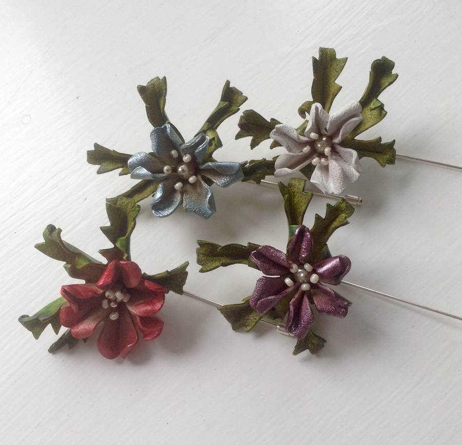 hedgerow leather flower lapel pin by tanglefrost