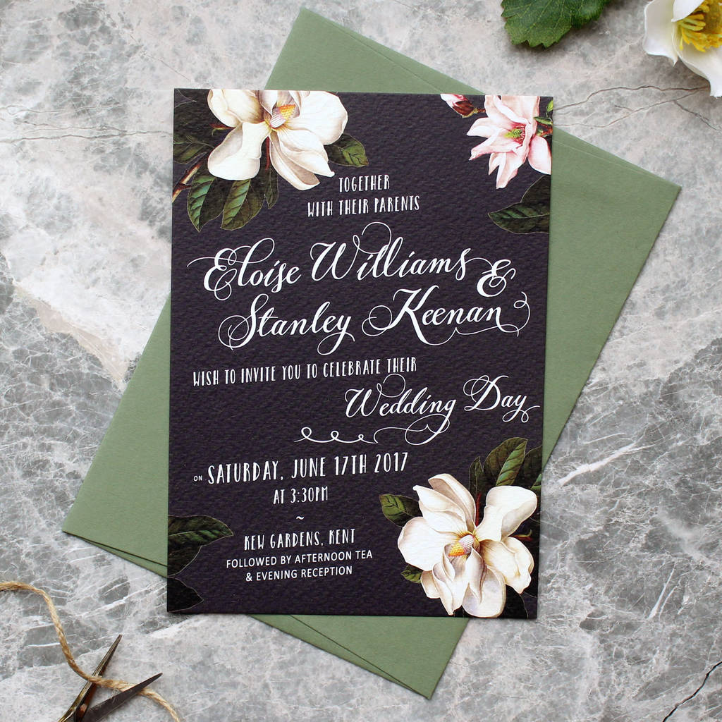 black magnolia wedding invitation suite by vanilla retro