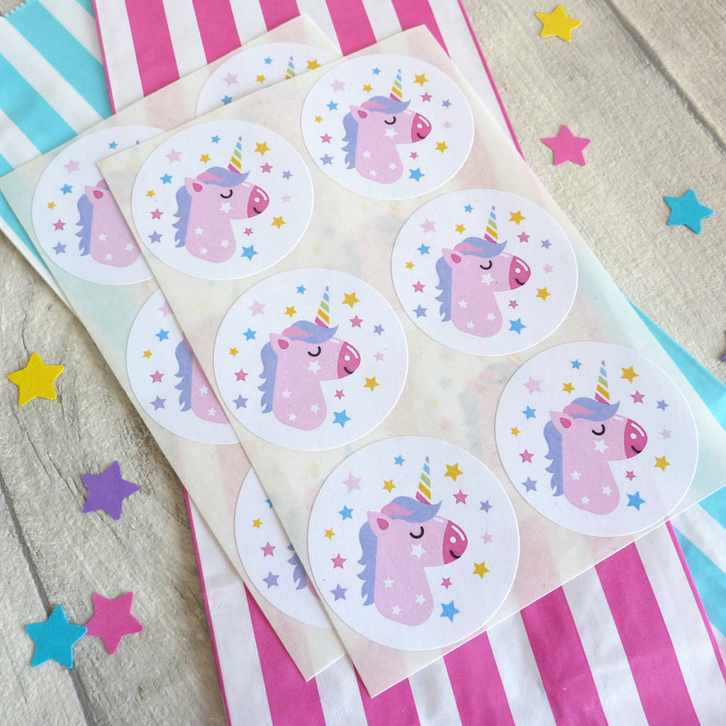 unicorn stickers and party bags by little cherub design