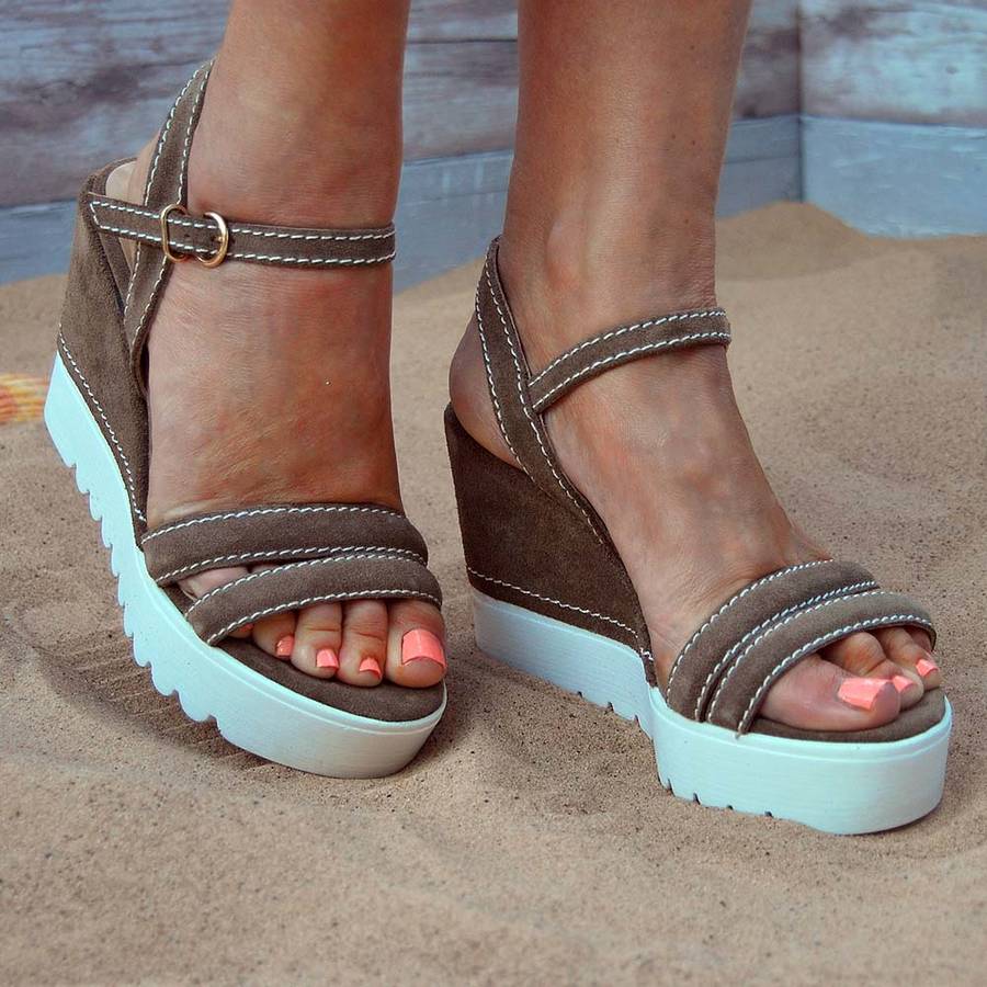 Suede Wedge Sandals In Taupe With Chunky White Soles By Espadrille 0503