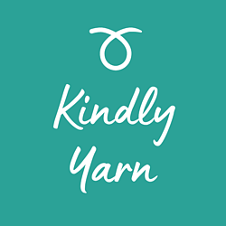 Kindly Yarn logo, loop symbol representing both a wrapped furoshiki and reusable. Turquoise background with white handwritten text and imagery.