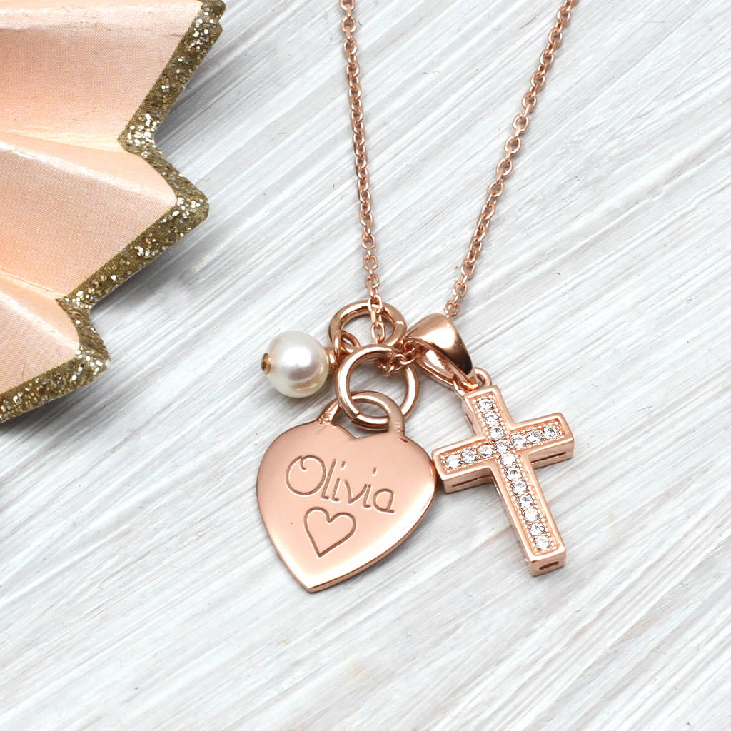 personalised petite rose gold heart and cross necklace by hurleyburley