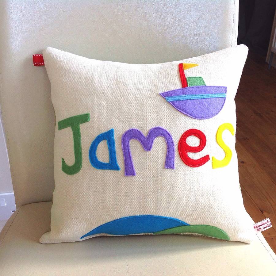 personalised boys name cushion by liz padghammajor