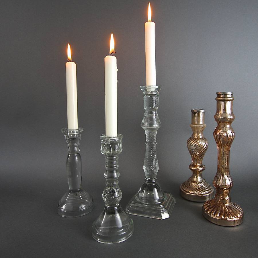 three pressed glass candlesticks one set in stock by london garden