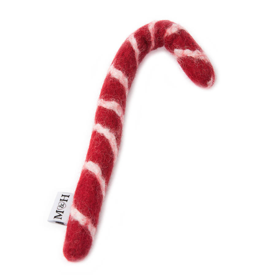 wool candy cane dog toy by mutts & hounds