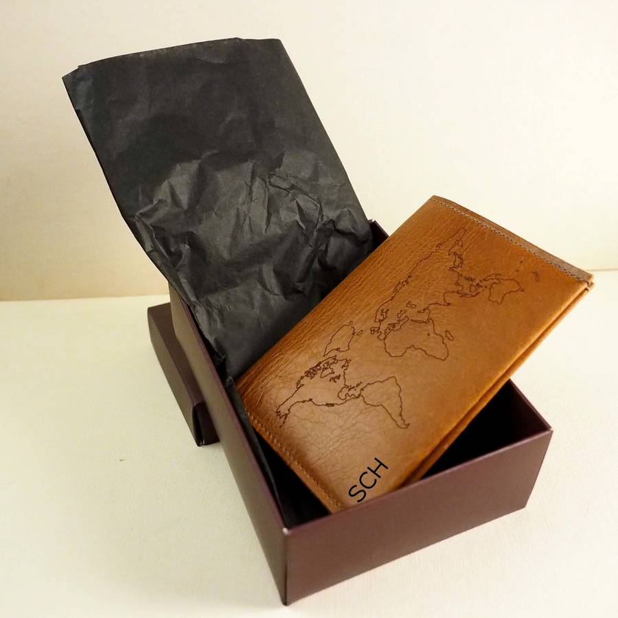 leather passport cover with world map personalised by stabo