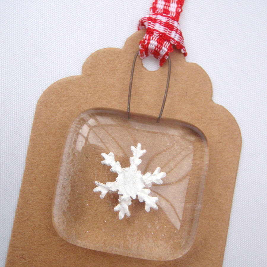 pack of four handmade glass snowflake gift tags by jessica irena smith