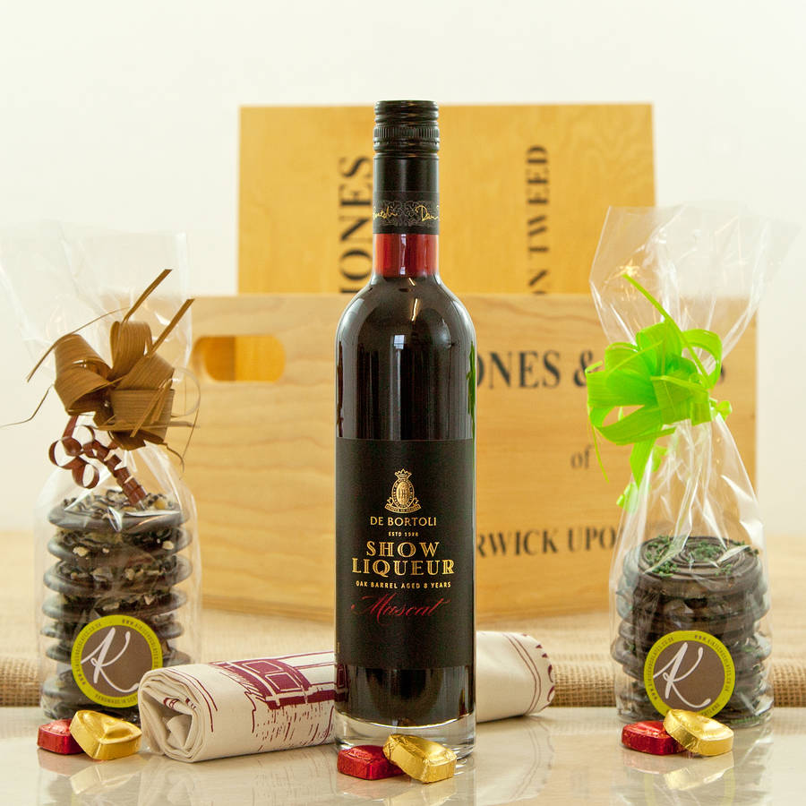 muscat dessert wine and artisan chocolate gift hamper by jones and