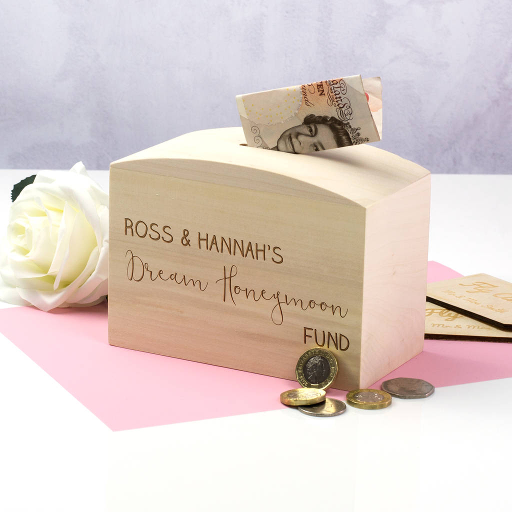 personalised honeymoon money box engagement gift by mirrorin