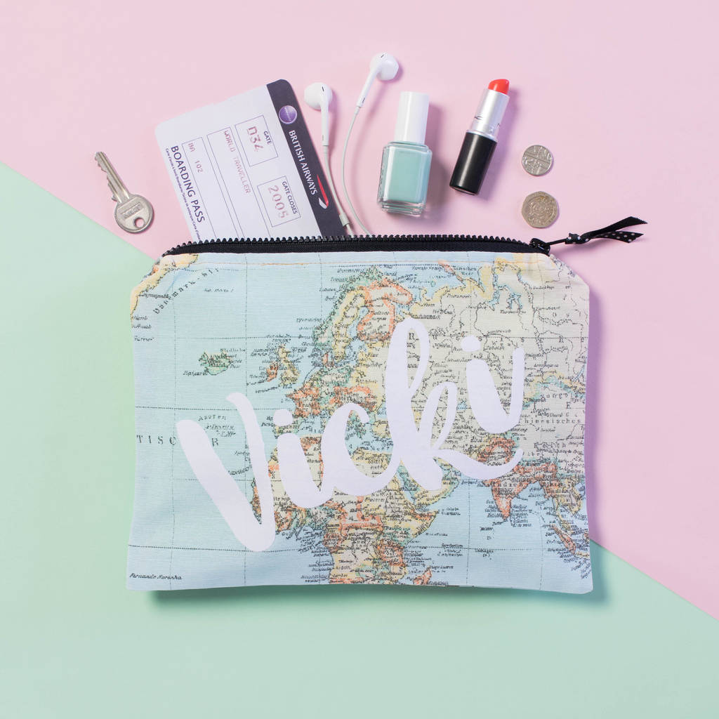 personalised travel map accessory pouch by squiffy print