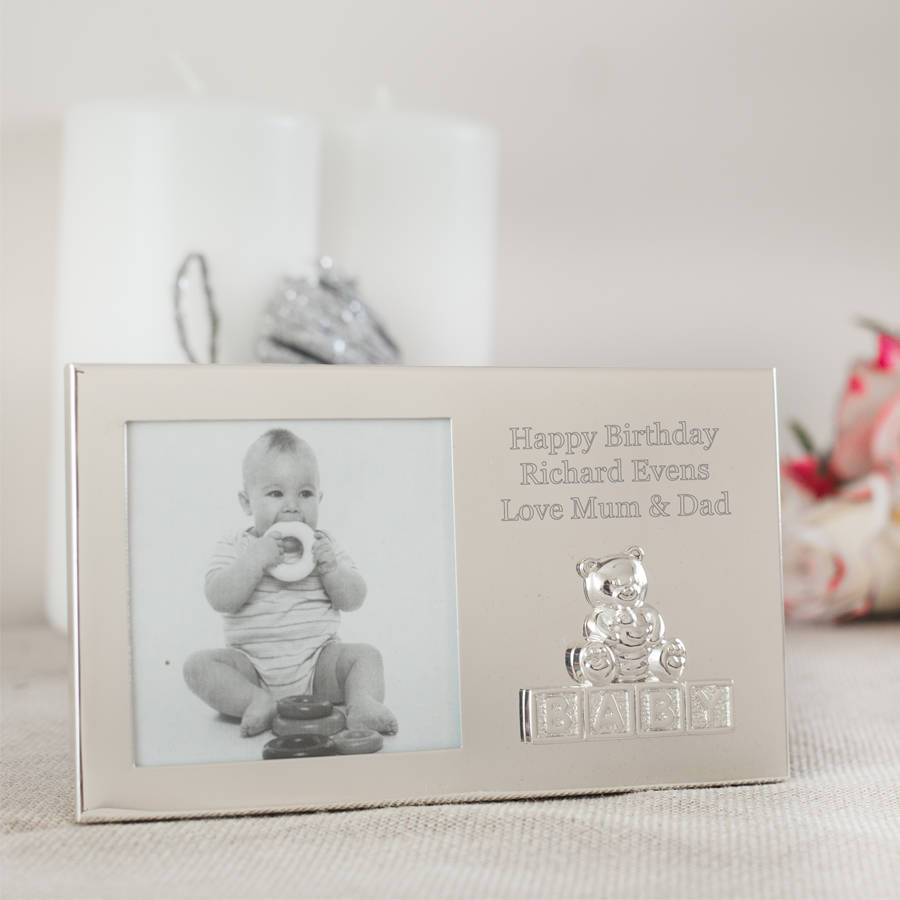 engraved silver baby photo frame by