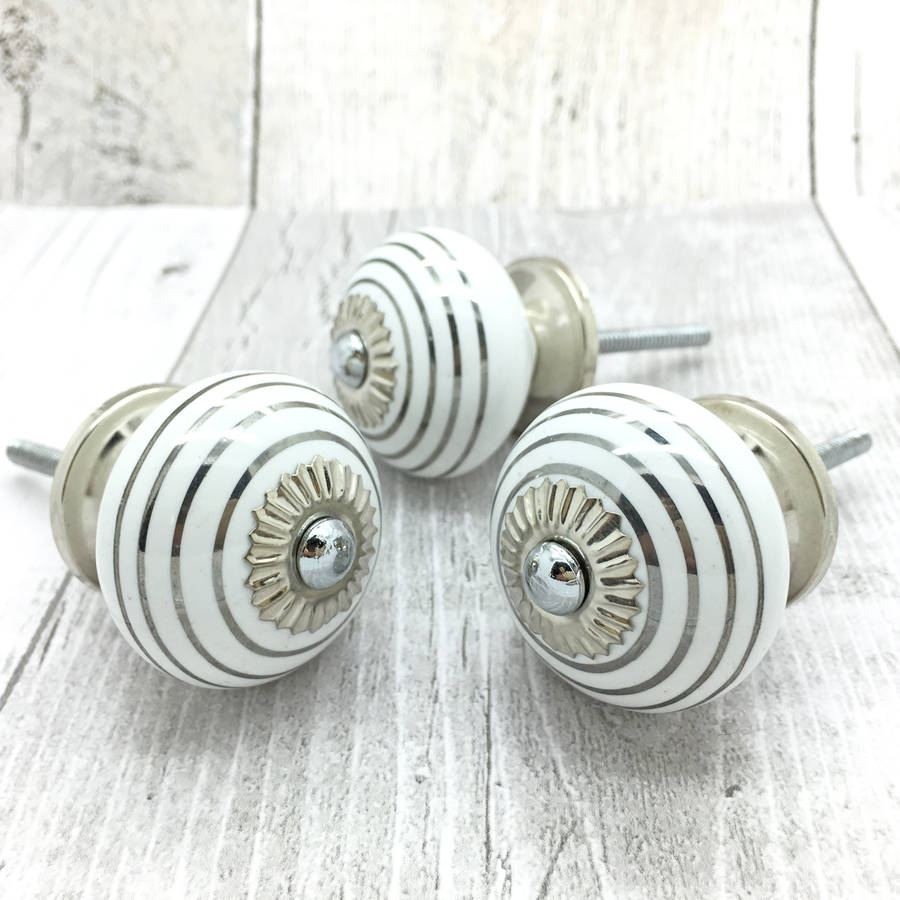 silver striped on white cupboard door knob handle by g decor