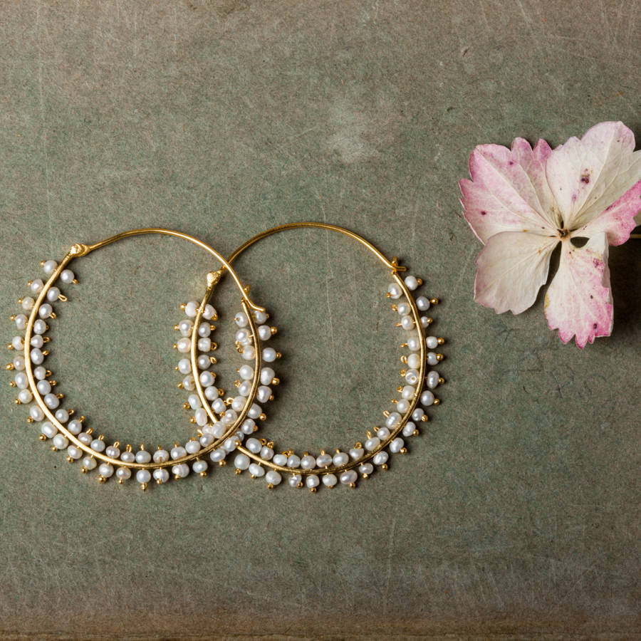 gold hoop pearl earrings by rochelle shepherd jewels. gemstone gold and