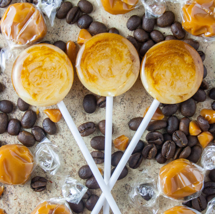 five caramel latte lollipops by holly's lollies