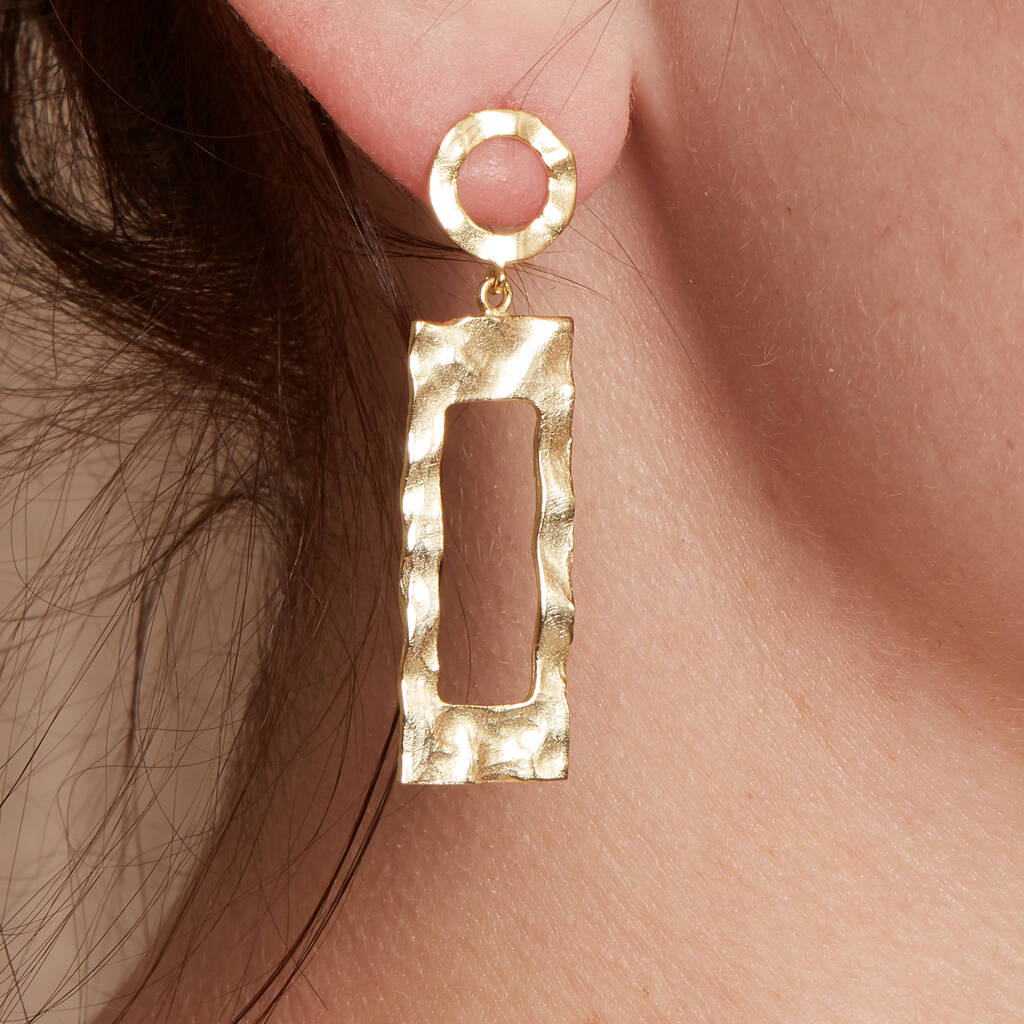 Hammered Rectangle Gold Plated Earrings By Rochejewels