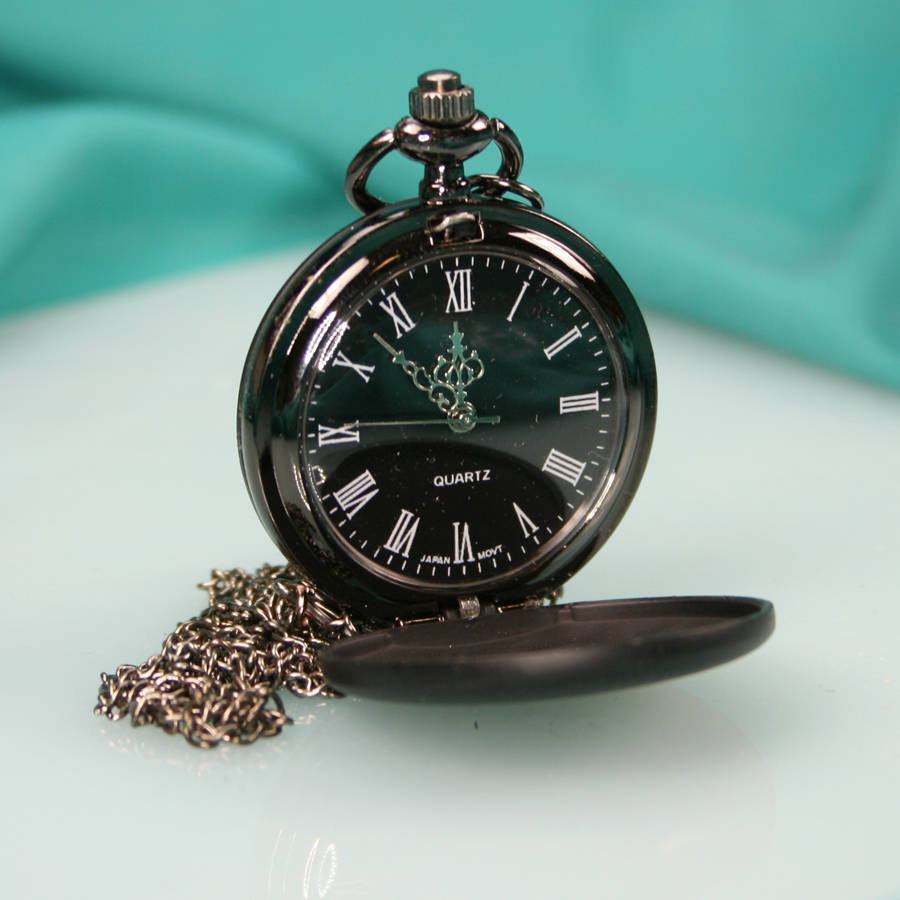 Engraved Pocket Watch In Gun Metal Black With Box