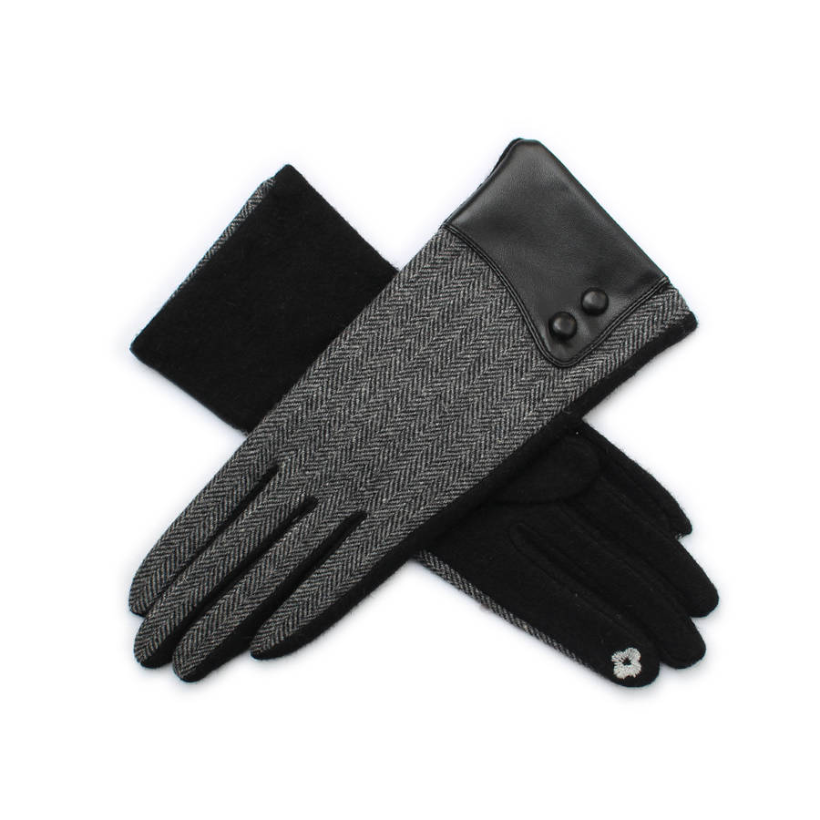 wool herringbone touch screen gloves with leather cuff by studio hop