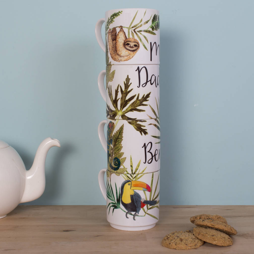 animal print tropical family stacking mugs gift set by gillian arnold