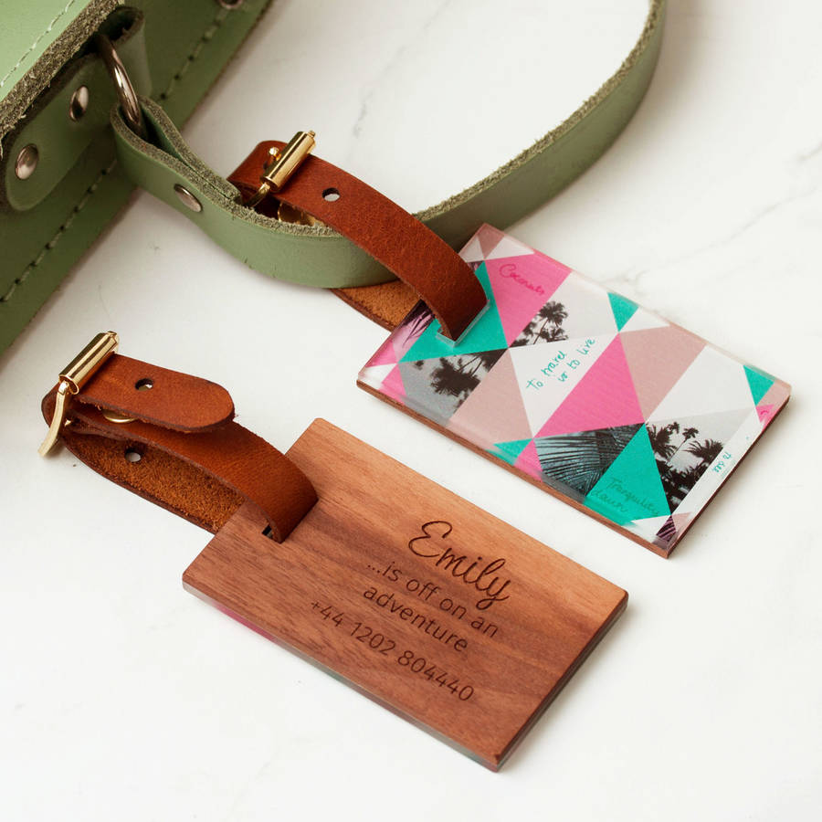 personalised wood acrylic geometric luggage tag by create gift love