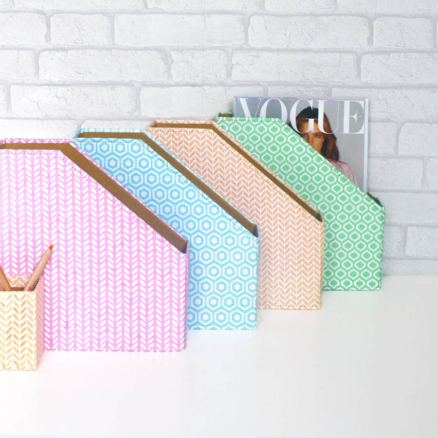 recycled pastel geometric print magazine file by heart & parcel