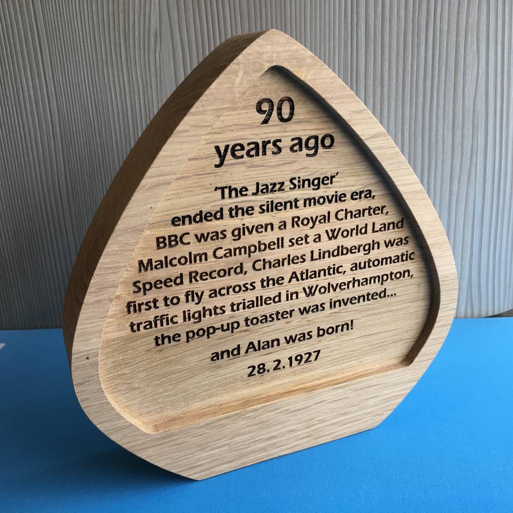 personalised oak birthday anniversary award plaque by cleancut wood