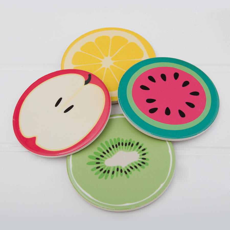 four ceramic coasters with fruits designs by twenty six degrees