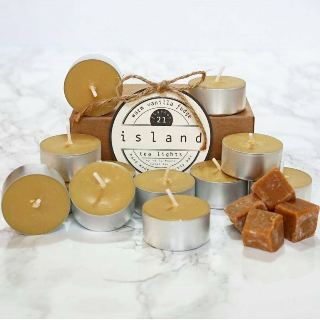 warm vanilla fudge scented soy tea lights by island