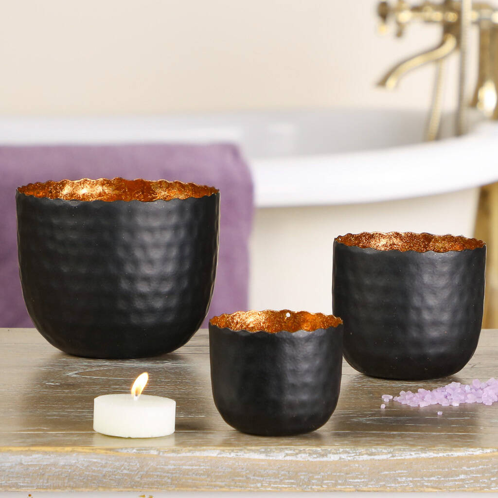 Set Of Three Black And Copper Tea Light Holders By Dibor