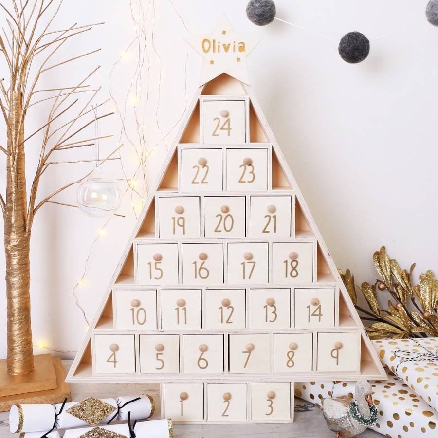 personalised wooden christmas tree advent calendar by lisa angel