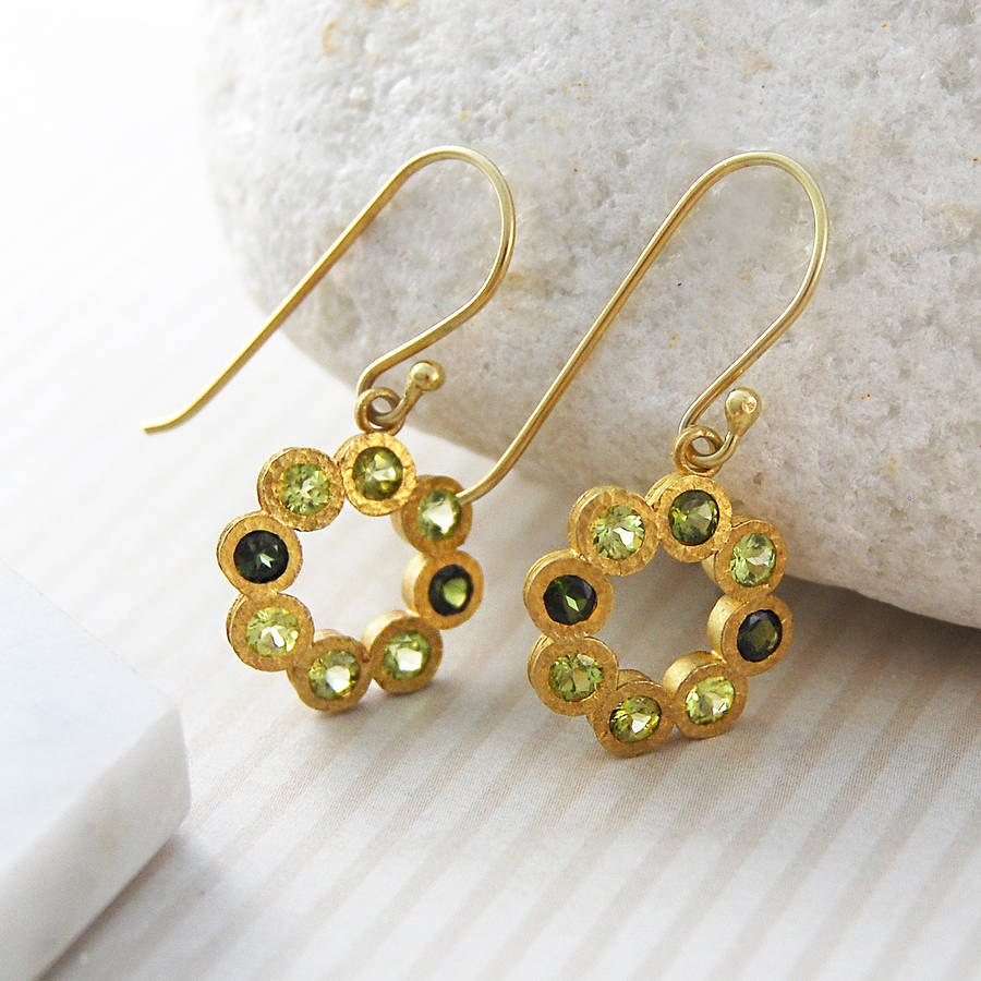 gold peridot birthstone tourmaline drop earrings by embers gemstone