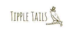 Tipple Tails logo with the brand name and a pencil drawing of Mr Tipple Tails - a blackbird wearing a top hat and standing on a branch 