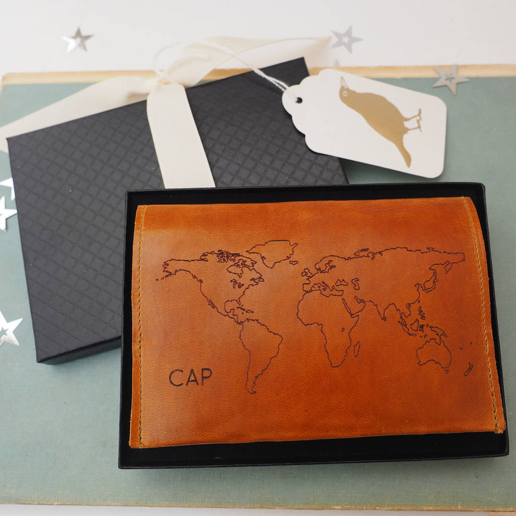 personalised leather passport holder with world map by stabo