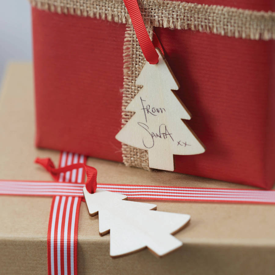 christmas tree shaped wooden tags by ginger ray