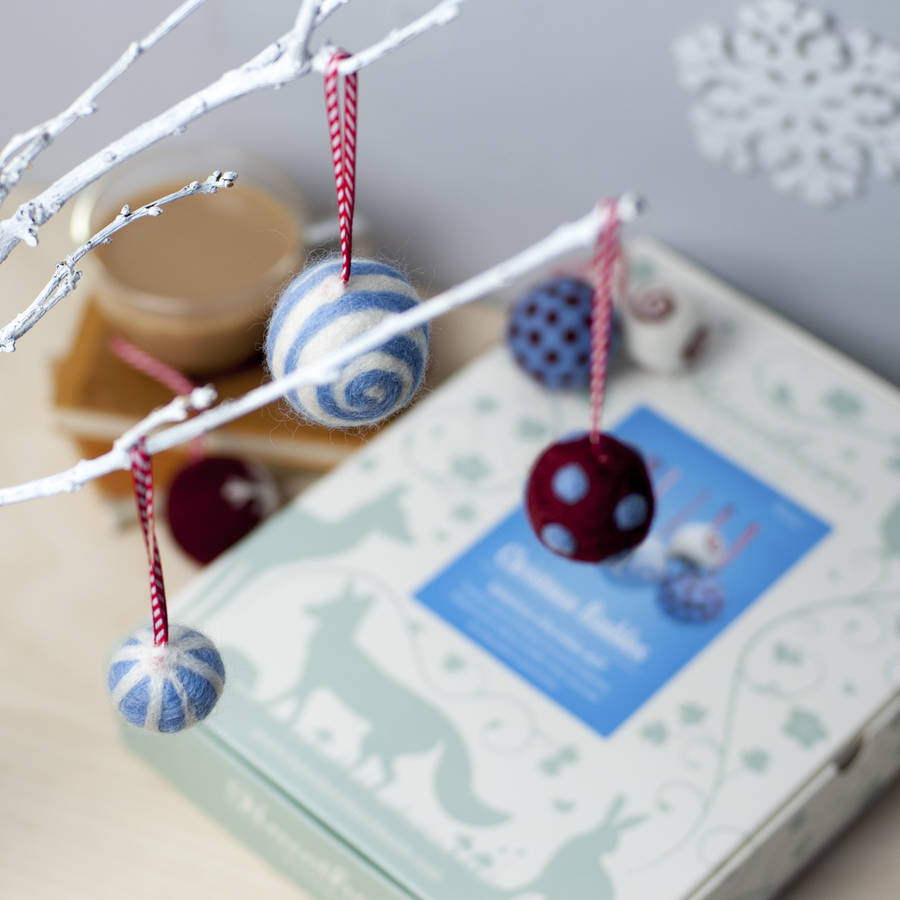 christmas baubles needle felting kit berry and blue by hawthorn
