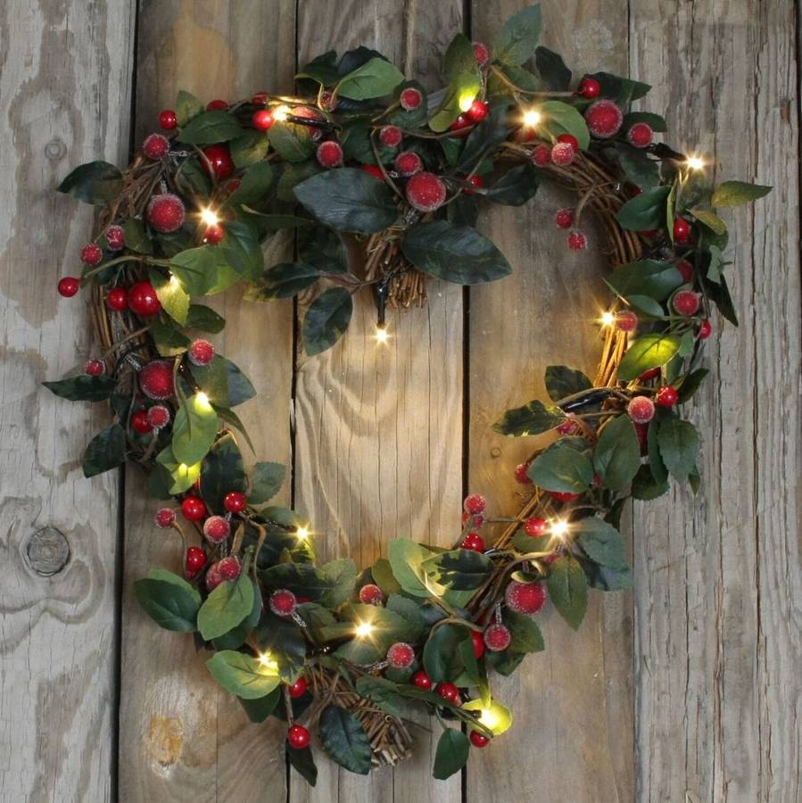 light up christmas heart shaped red berry wreath by ella james