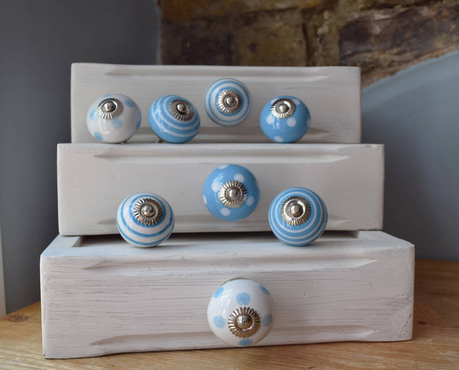set of eight blue and white cupboard door knobs by pushka home