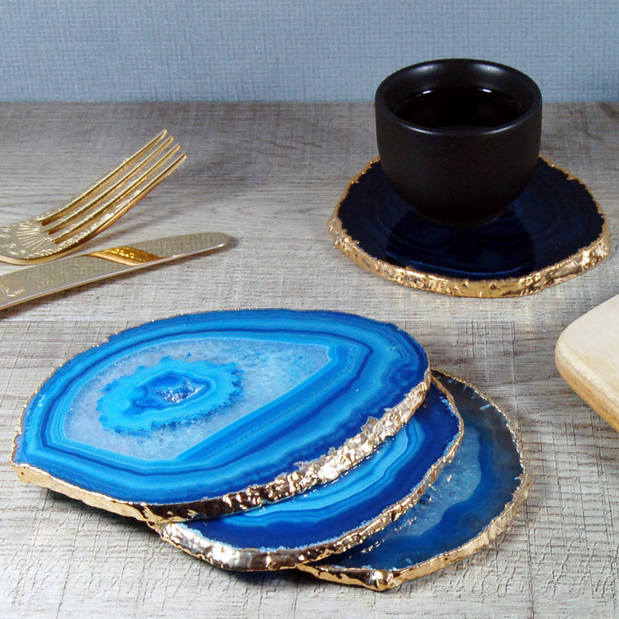 blue gold plated agate coasters set of two by lustre