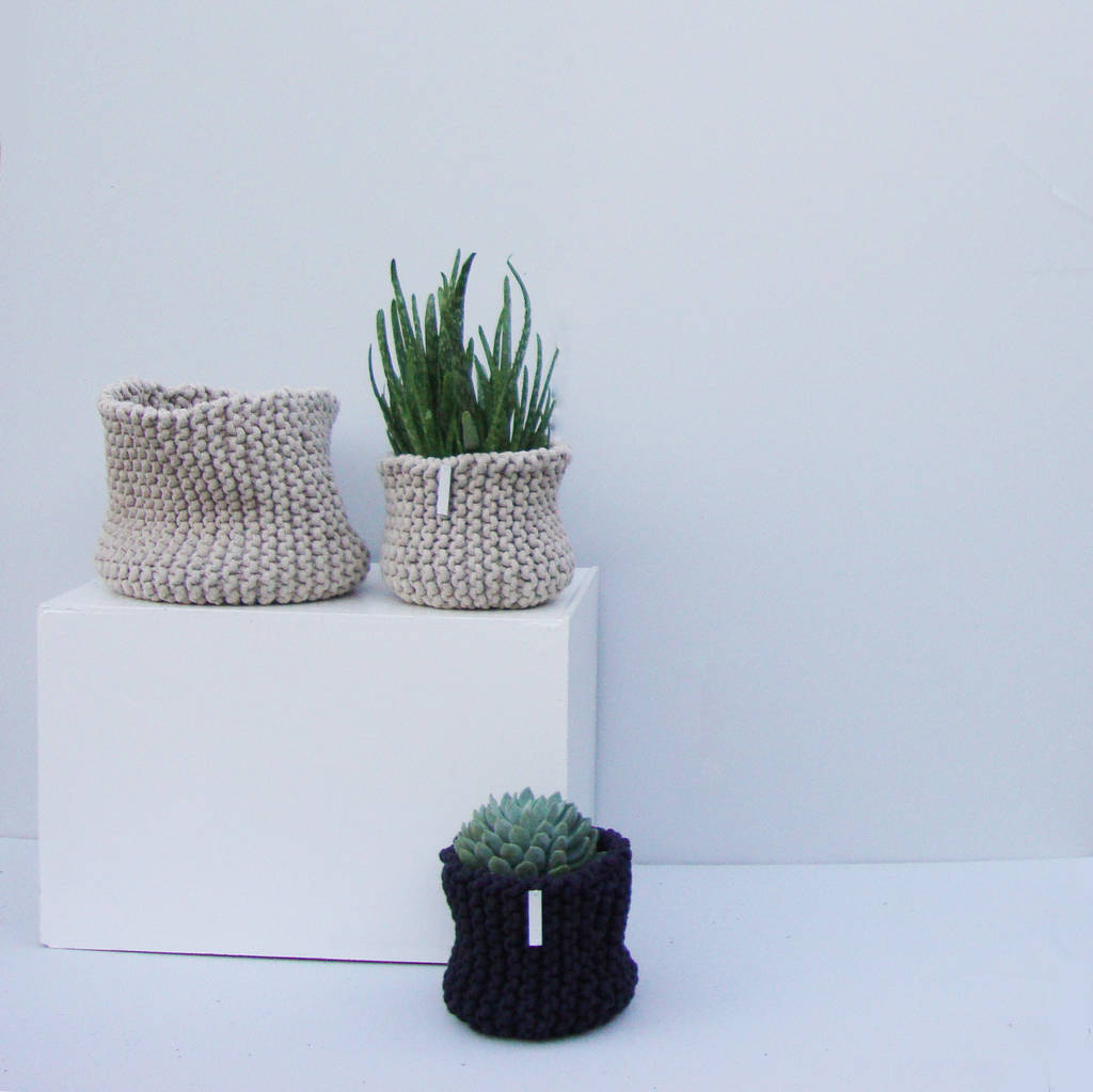 hand knitted storage basket by jessica lee