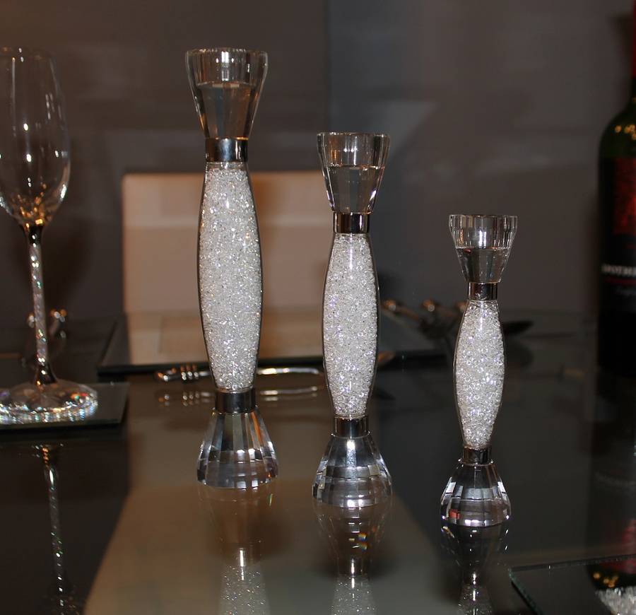 trio of crystal filled stem candle sticks by diamond affair