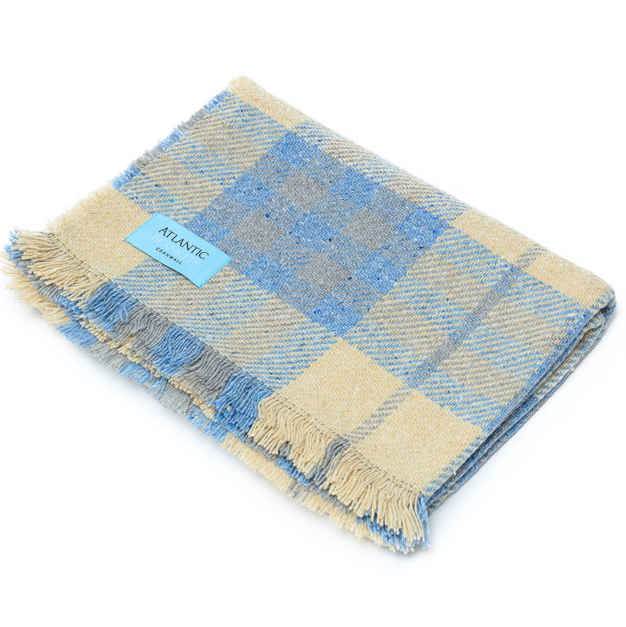blue and cream recycled british wool picnic blanket by atlantic