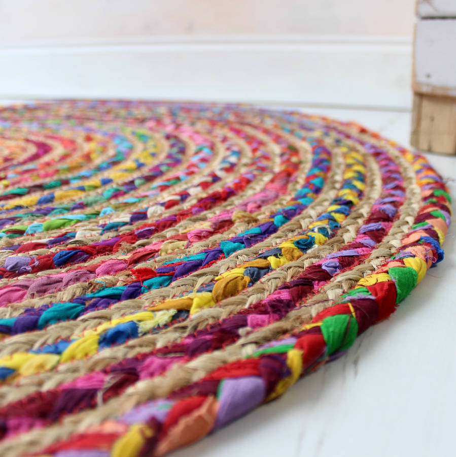 large fairtrade round multi coloured cotton/jute rug by the comfi cottage