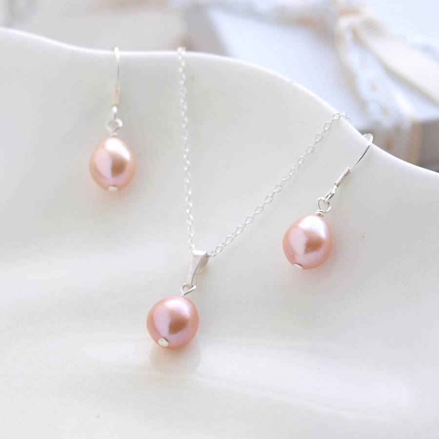 pink pearl bridal earrings and necklace set by jewellery made by me